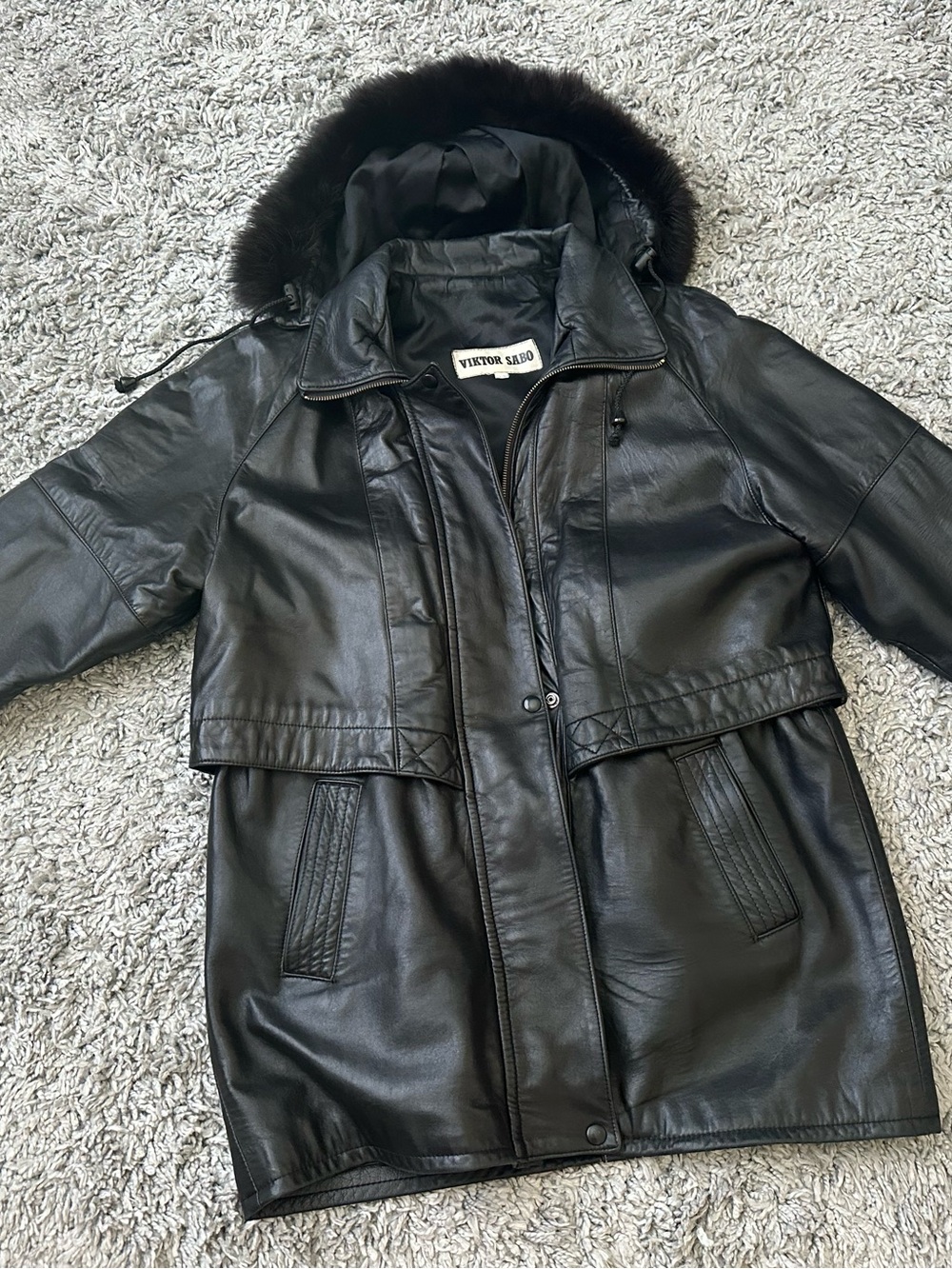 Viktor & Rolf Black Leather Hooded Parka with Fur Trim